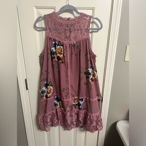 Anthro Entro Flowy Shift Dress Pink Mauve Rose Floral Lace Boho size Large